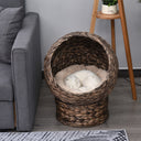 Handcrafted Elevated Wicker Cat Bed - Natural Rattan Pet Throne with Soft Cushion