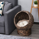 Handcrafted Elevated Wicker Cat Bed - Natural Rattan Pet Throne with Soft Cushion